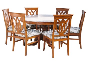 ชุดโต๊ะอาหารไม้สัก ฐานวางหินกลม130+เก้าอี้ดอกบัวพื้นเบาะ